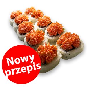 Uramak Sycylia 10 szt – rolka sushi z serem Philadelphia, daikonem, słodką papryką, ogórkiem, surimi, ikrą masago, ryżem i nori. Zamów na jasushi.pl.. Mielec sushi, Mielec